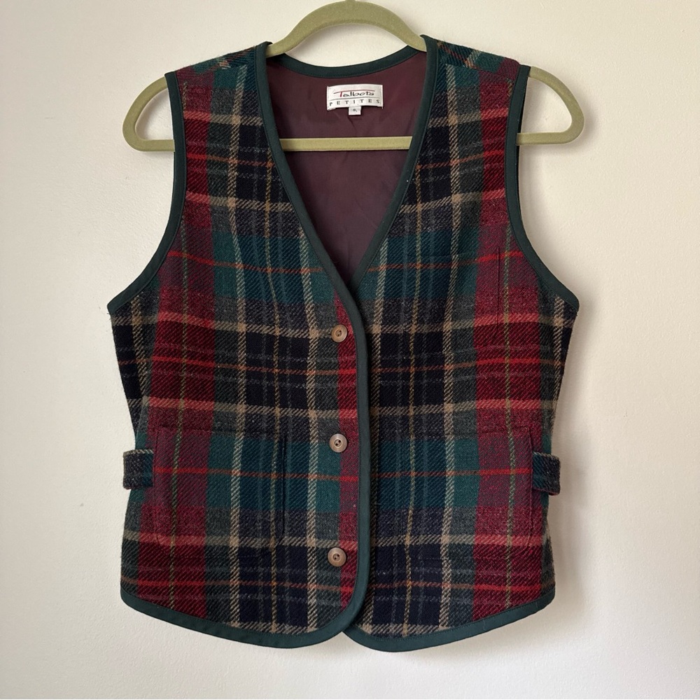 Vintage 90s Talbots Petites 100% Wool Vest in Green Plaid, Size S Petite - Picture 2 of 16